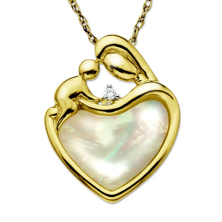Mother and Child Heart Pendant Necklace with Natural Mother-of-Pearl in 10kt Gold