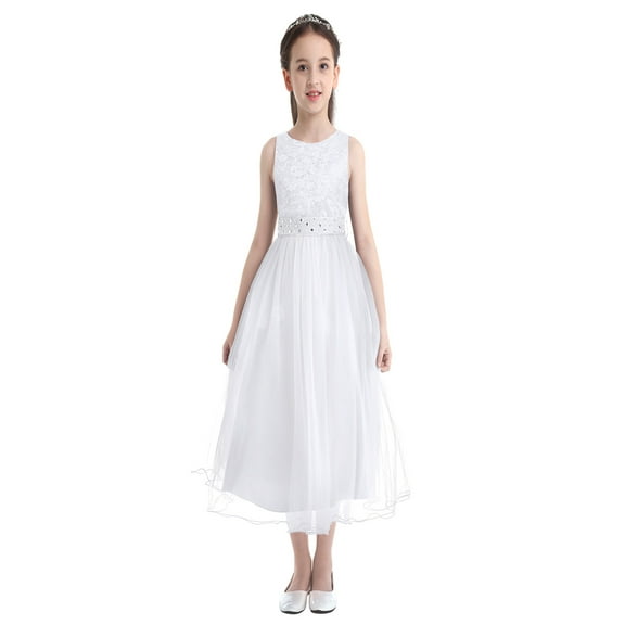 TiaoBug Flower Girl Sequined Lace Dress Sleeveless Wedding Bridesmaid Gowns Pageant Party Wear White 6