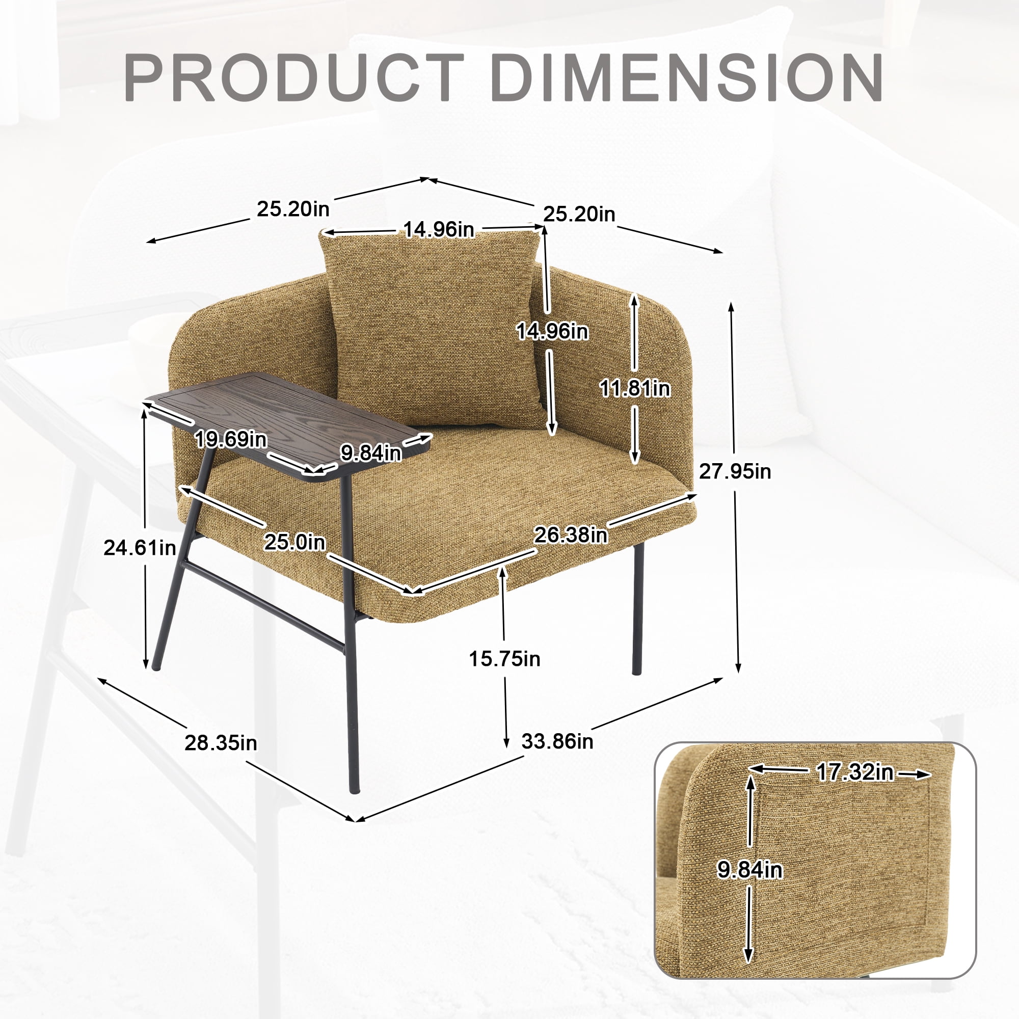 Living Room Lounge Chair with Pillow, Modern Upholstered Single Sofa Armchair with Storage Pockets and Side Table, Yellow Accent Seating for Home Office Bedroom