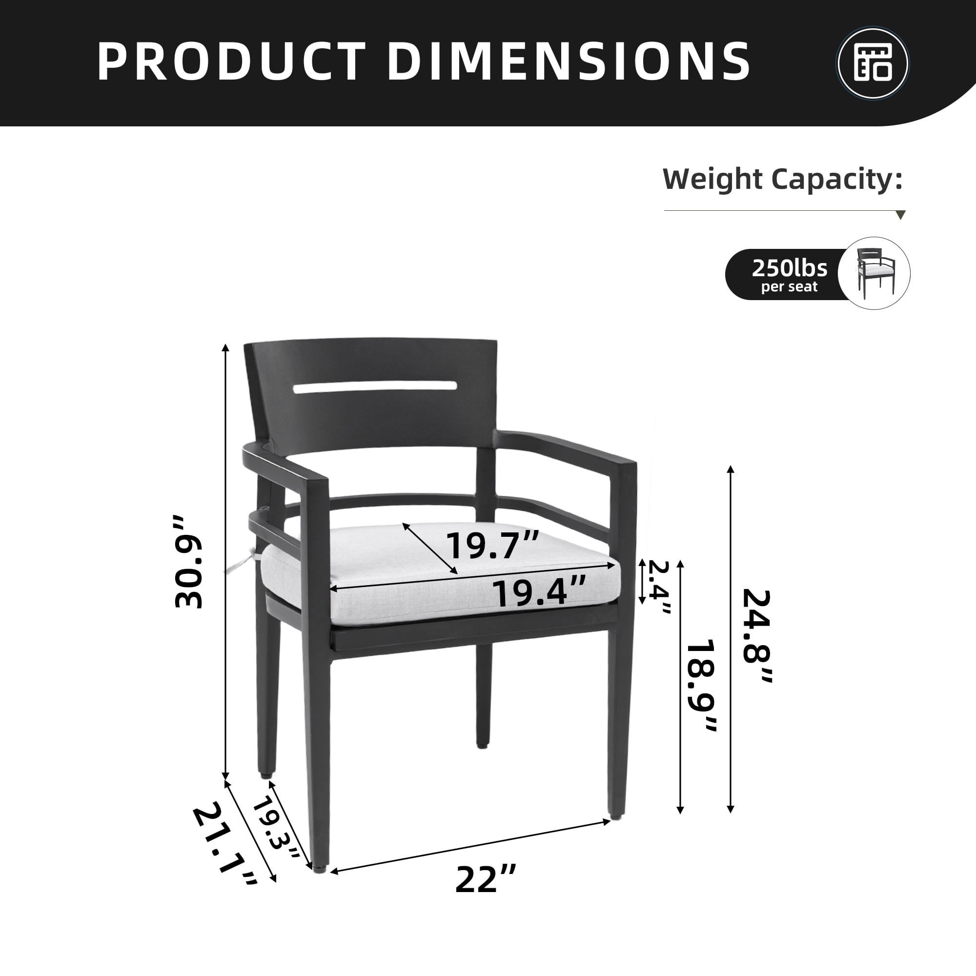 Outdoor Patio K/D Aluminum Stationary Dining Chairs Set of 4 with Outdoor Grade Fabric Cushions for Deck, Ember Black