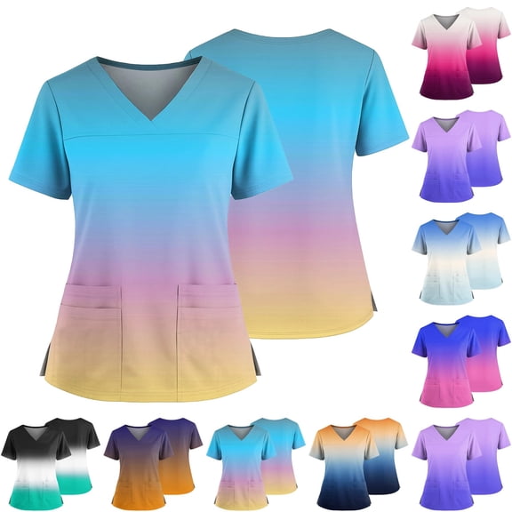 Womens Gradient Color Vneck Scrub Tops Short Sleeve Work Scrubs Summer Fall Shirts 2026 Trendy, #03 Light Blue, 4XL