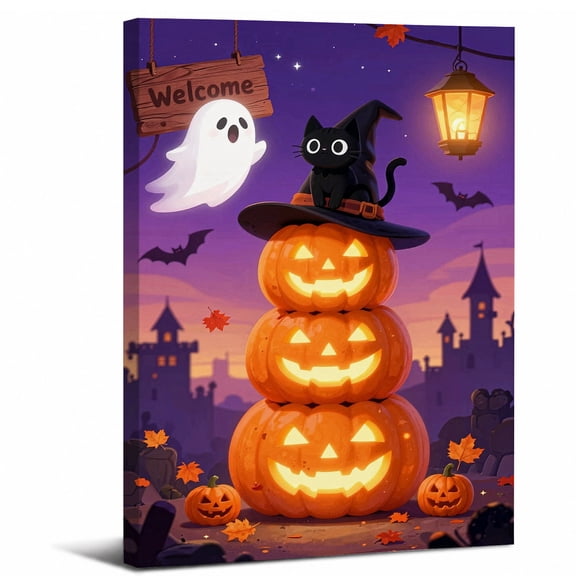 Framed Cute Halloween Pumpkin Canvas Wall Art,Black Cat Witch Hat Ghost Lantern abstract canvas print for bathroom bedroom living room decor,8x12in