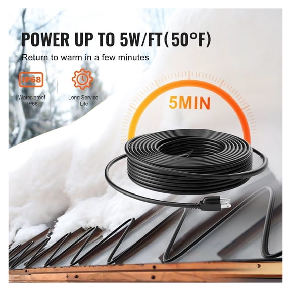 Pipe Heating Cable 80FT, Self-Regulating Heat Tape for Pipes & Roof, 5W/FT Freeze Protection, Gutter De-Icing Cable for Winter