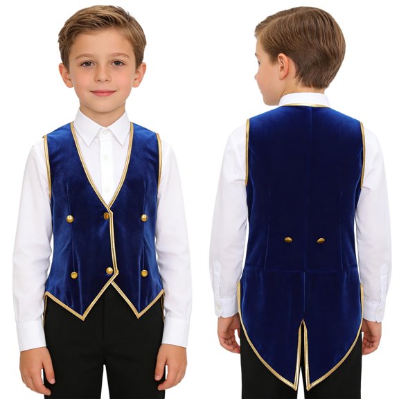 iiniim Girls Boys Velvet Waistcoat Tailcoat Gothic Steampunk Victorian Tuxedo Jacket Coat Royal Blue 8