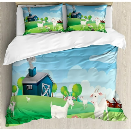 Farmhouse Duvet Cover Set King Size, Pleasant Farm Life Illustration with Colorful Houses Green Meadows Happy Goats, Decorative 3 Piece Bedding Set with 2 Pillow Shams, Multicolor, by