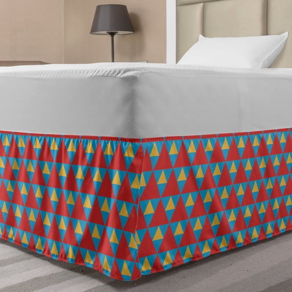Retro Bed Skirt, Big and Small Triangles in Shabby Colors Vintage Geometric Tile Design, Elastic Bedskirt Dust Ruffle Wrap Around for Bedding Decor, 4 Sizes, Sky Blue Marigold, by Ambesonne