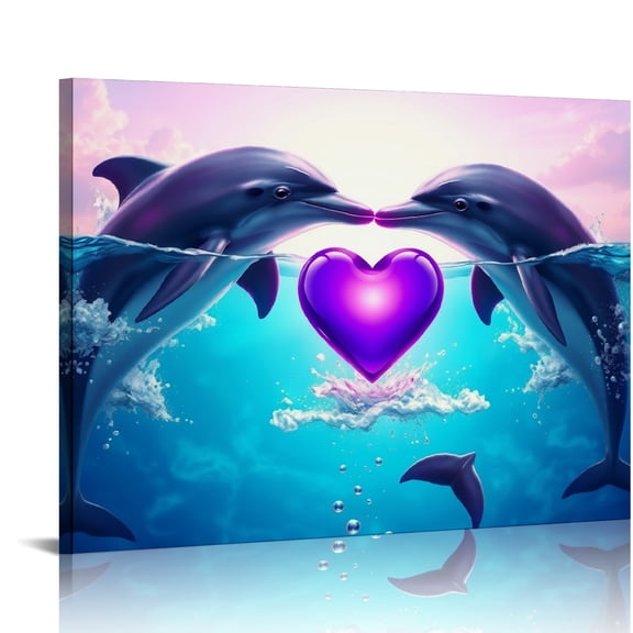 RKSupls Purple Heart Dolphins Canvas Wall Art, Romantic Ocean Wall Decor Print, Modern Artwork for Living Room Bedroom Office Home Decor