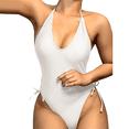 thumbnail image 1 of Traje de baño de una pieza de corte alto para mujer, monokini fruncido con control de abdomen, bikini acanalado con lazos laterales, 1 of 5