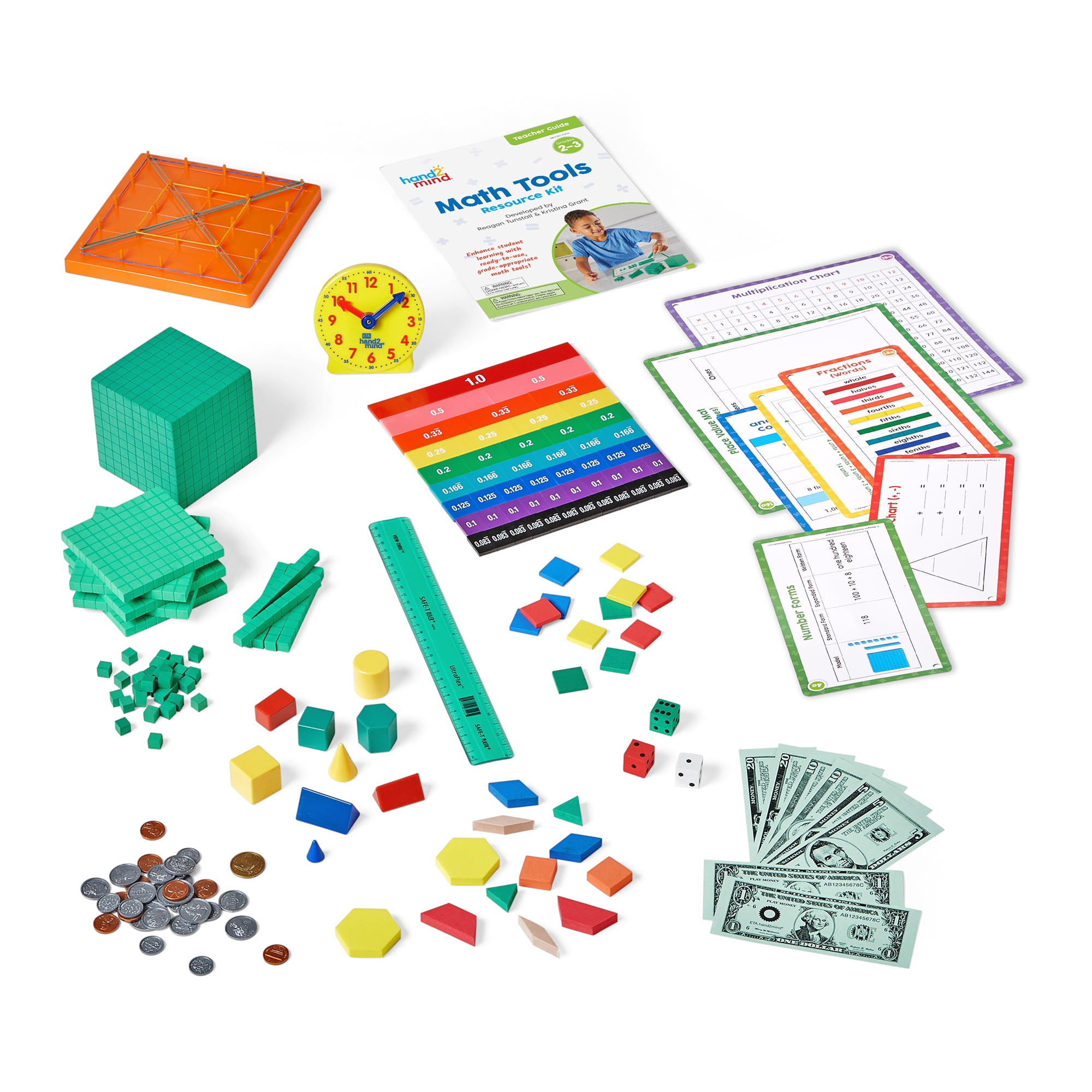 hand2mind Math Tools Small Group Sets 2-3 by Reagan Tunstall & Kristina Grant, Math Manipulatives, Base Ten Blocks, Play Money, Patten Blocks, Fraction Tiles, Color Tiles, Classroom Supplies