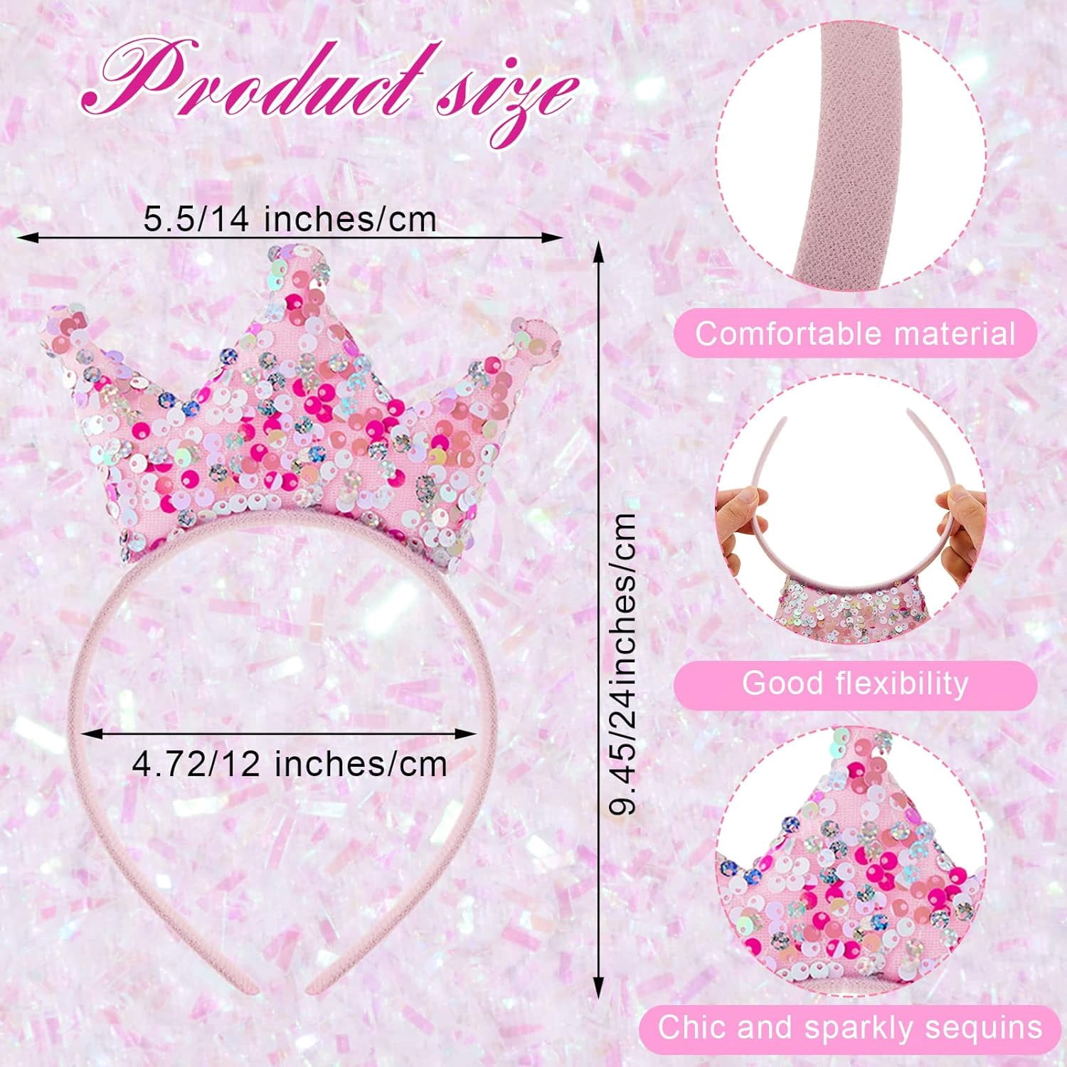 12 Pack Princess Party Favors Princess Crowns Headband Decorations Glitter Sequin Headband for Birthday Proms Gifts(Multi Colors,Sequin)