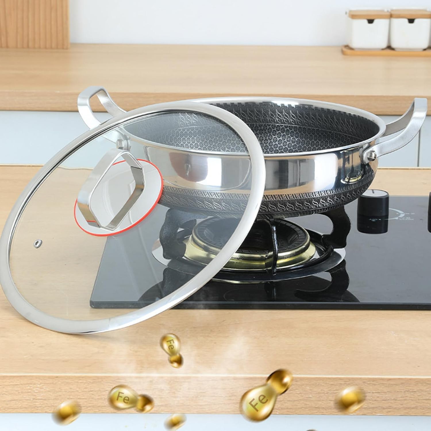 Double Handle Stainless Steel Hammered Pan with Lid, 26cm Non Stick Frying Pan Pro Cookware for Cooking, Scratch-Resistant, Suitable for All Cooktops（1pcs）