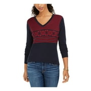 TOMMY HILFIGER Womens Navy Printed Long Sleeve V Neck Sweater Size: M