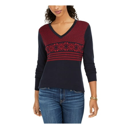 TOMMY HILFIGER Womens Navy Printed Long Sleeve V Neck Sweater Size: M