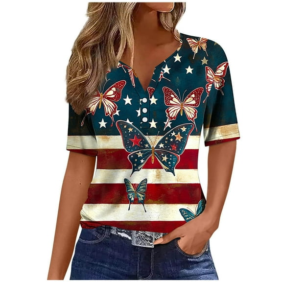 Womens American Flag T Shirt USA Star Stripes Fourth July Tee Shirts Button-up V Neck Short Sleeve Tunic Tops Fashion Butterfly Graphic Tunic T-Shirt Independence Day Patriotic Tees Blouses