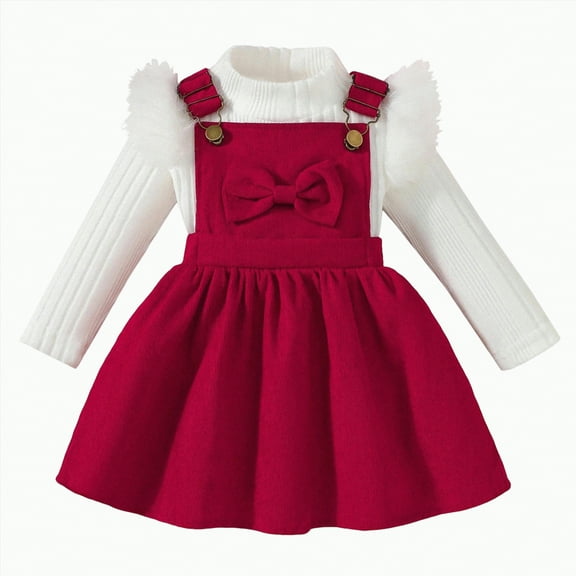 UAYOTSE Toddler Girl Christmas Outfits Plaid Dress Solid Shirt Suspender Skirt Kids Girls Overall Dress Set,Sizes 12-18 Months