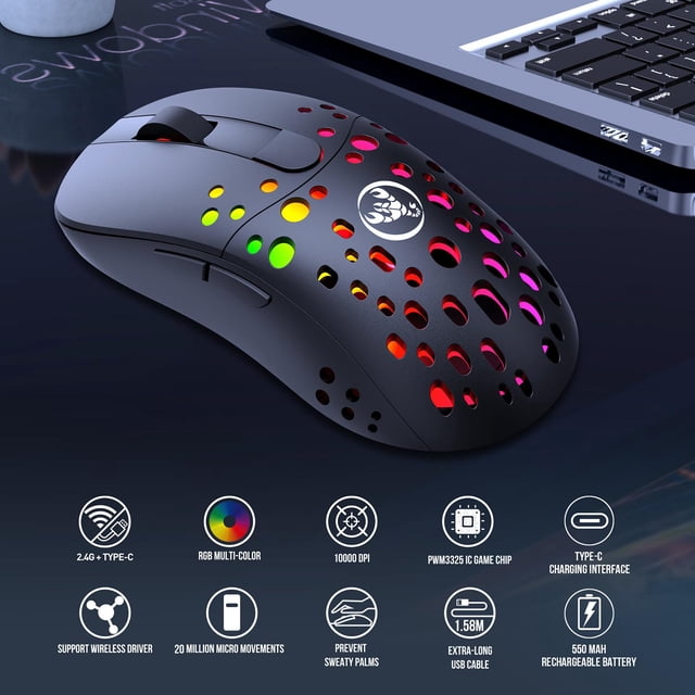 Ratón inalambrico y con cable CUTICAT RGB Recargable hasta 10000 DPI para PC Portátil Gamer