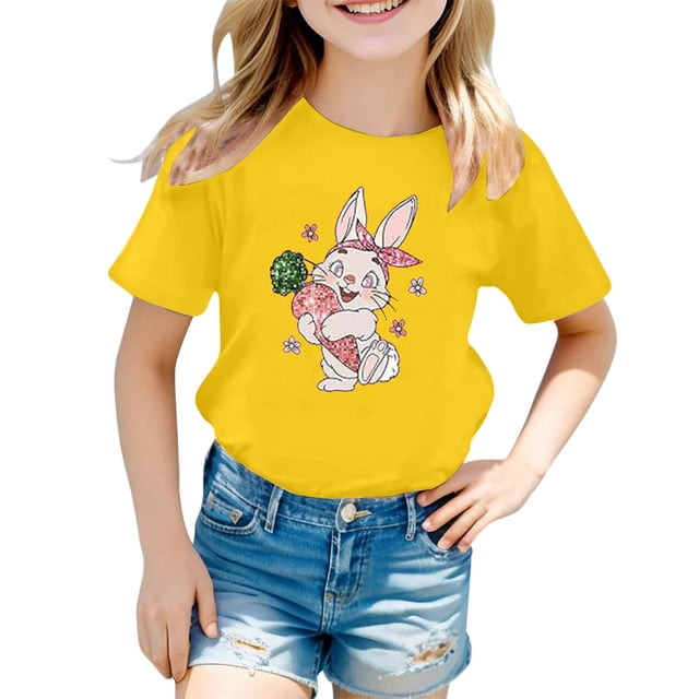 FhsagQ T-Shirt Mode Décontractée pour Enfants, Col Rond, Manches Courtes, Printemps, Taille 12-14, Été, Pâques, Jaune 1-2 Ans