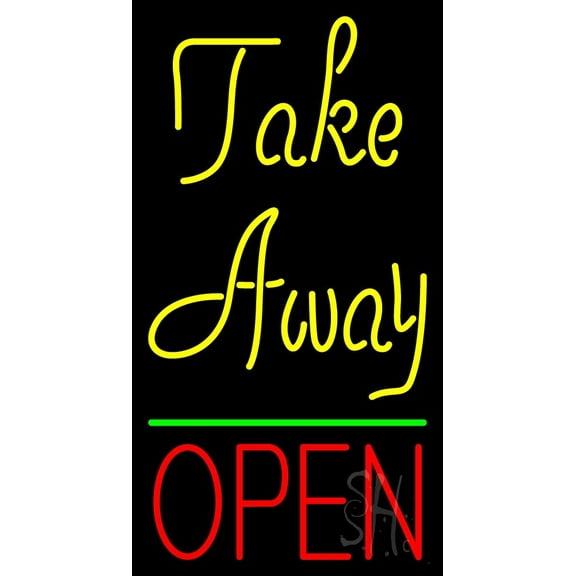 Yellow Take Away Red Open LED Neon Sign 24 x 13 - inches, Clear Edge Cut Acrylic Backing, with Dimmer - Bright and Premium built indoor LED Neon Sign for Bar decor.