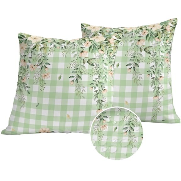 Watercolor Floral Outdoor Pillow Covers 24x24 Set of 2,Waterproof Patio Throw Pillowcase Protectors,Spring Flowers Leaves Botanical Green Plaid Decorative Pillow Shams Cushion Covers for Bed Couch