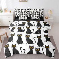 Homewish Funny Black Cat Bedding Comforter Set 7 Pieces for Teens, Cartoon Kitten Lover Full Bedding Set, Kawaii Cute Animal Reversible Fitted Sheet Flat Sheet, Breathable Home Decor