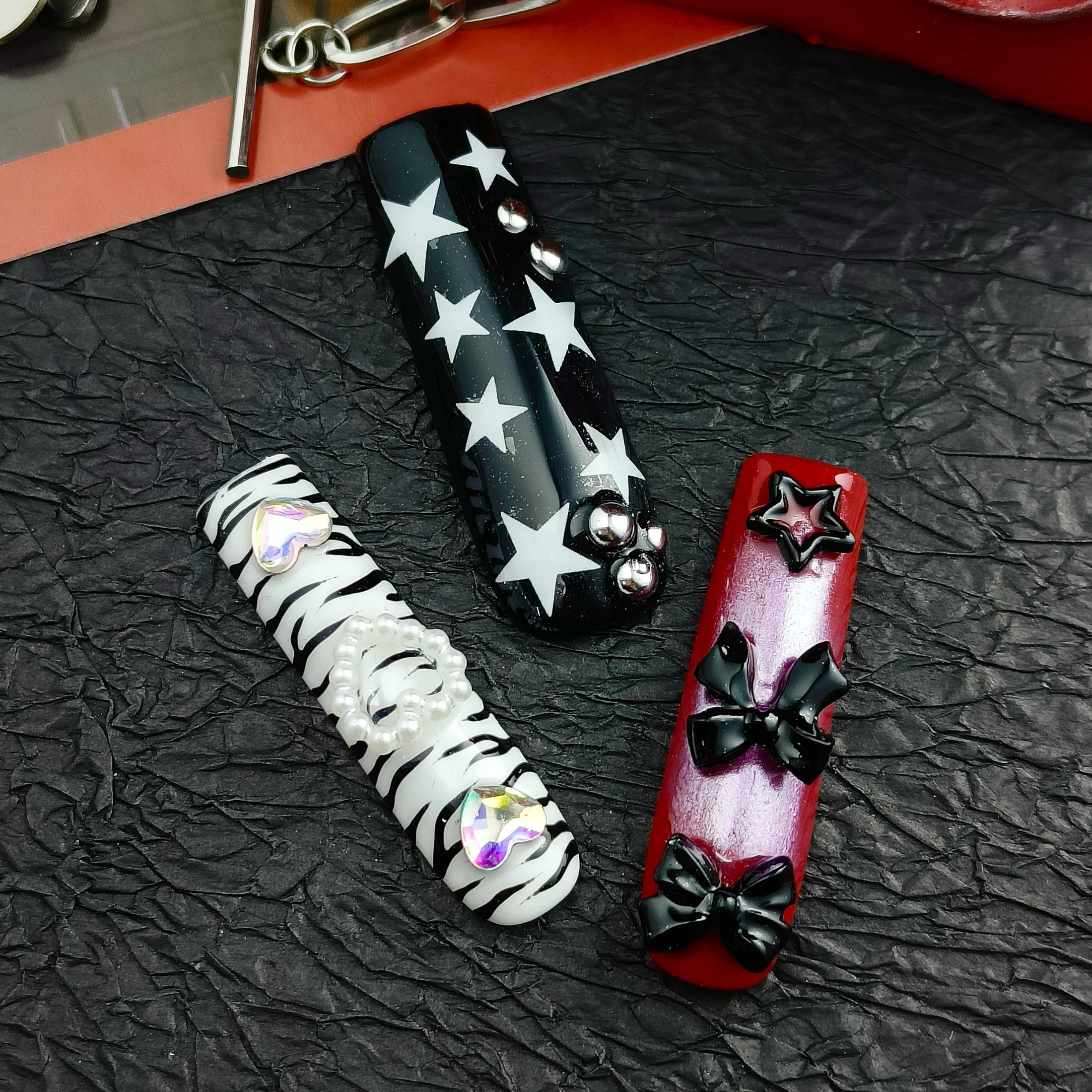 10pcs Square Long Handmade Y2K Nails - Black White Red Pink Designs, 3D Stars, Hearts, Bows & Rhinestones, Summer Cool Edgy Goth Press On Nails