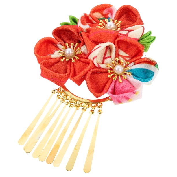Accesorio para el cabello de estilo japonés Hanfu Tassel Horquillas Play Clip Barrette Floral Peluquería para ropa tradicional Kimono Decoración Roja (El patrón de tela es aleatorio)