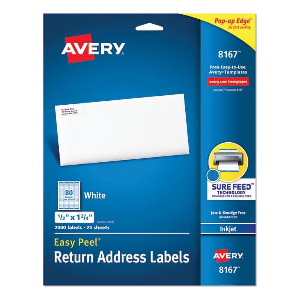 Easy Peel White Address Labels W/ Sure Feed Technology, Inkjet Printers, 0.5 X 1.75, White, 80/sheet, 25 Sheets/pack | Bundle of 5 Packs