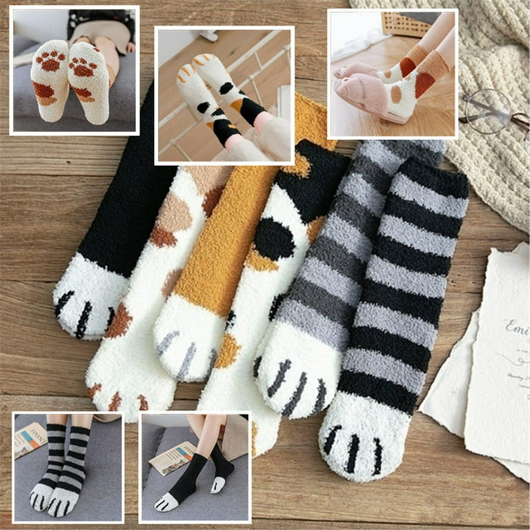 Cute Cat Claws Sleeping Socks 6 Pairs Women Fuzzy Fluffy Cozy Slipper Socks  Winter Warm Plush Home Lovely Soft 