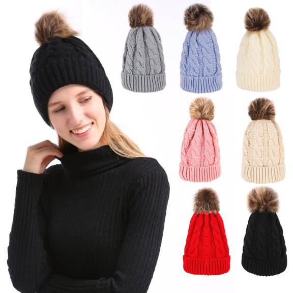 Winter Beanies Unisex Knitted Casual Hat Warm Ski Hat Running Sports Hat Pom Cuff Ear Warmer Beanie