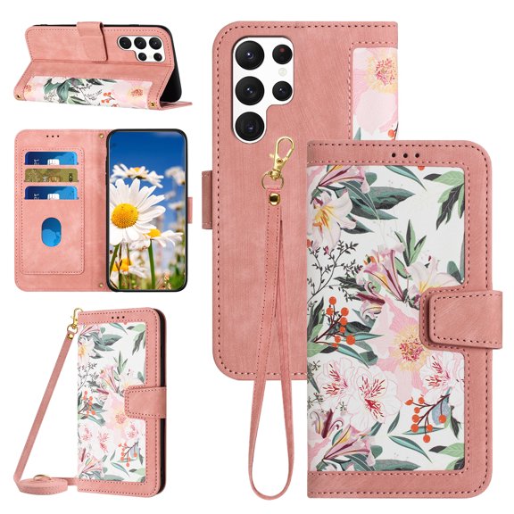 Compatible with Samsung Galaxy S23 Ultra Wallet Case for Women, Shoulder Strap   Wristband Premium PU Leather Floral Flip Cover with Card Holder Kickstand Feature Protective Purse Case, Pink