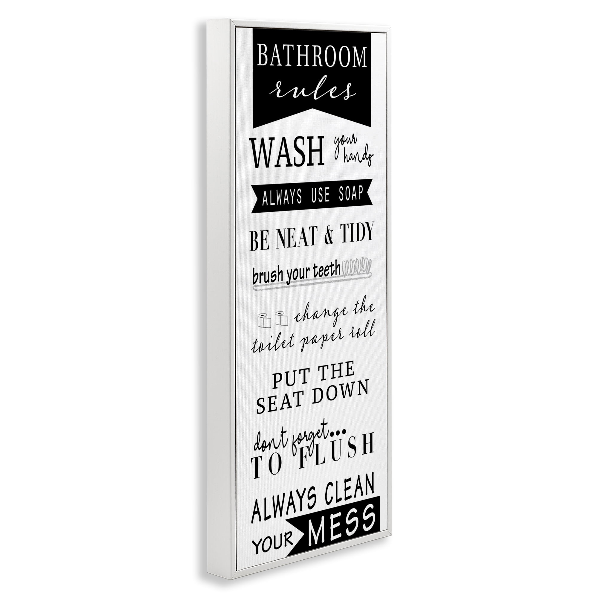 Stupell Industries Black Bathroom Rules Typography Painting White Framed Art Print Wall Art, 10 x 24