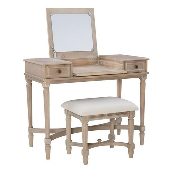 Linon Cyndi Wood Vanity & Padded Stool Set Flip Up Mirror 2 Drawers in Gray Wash