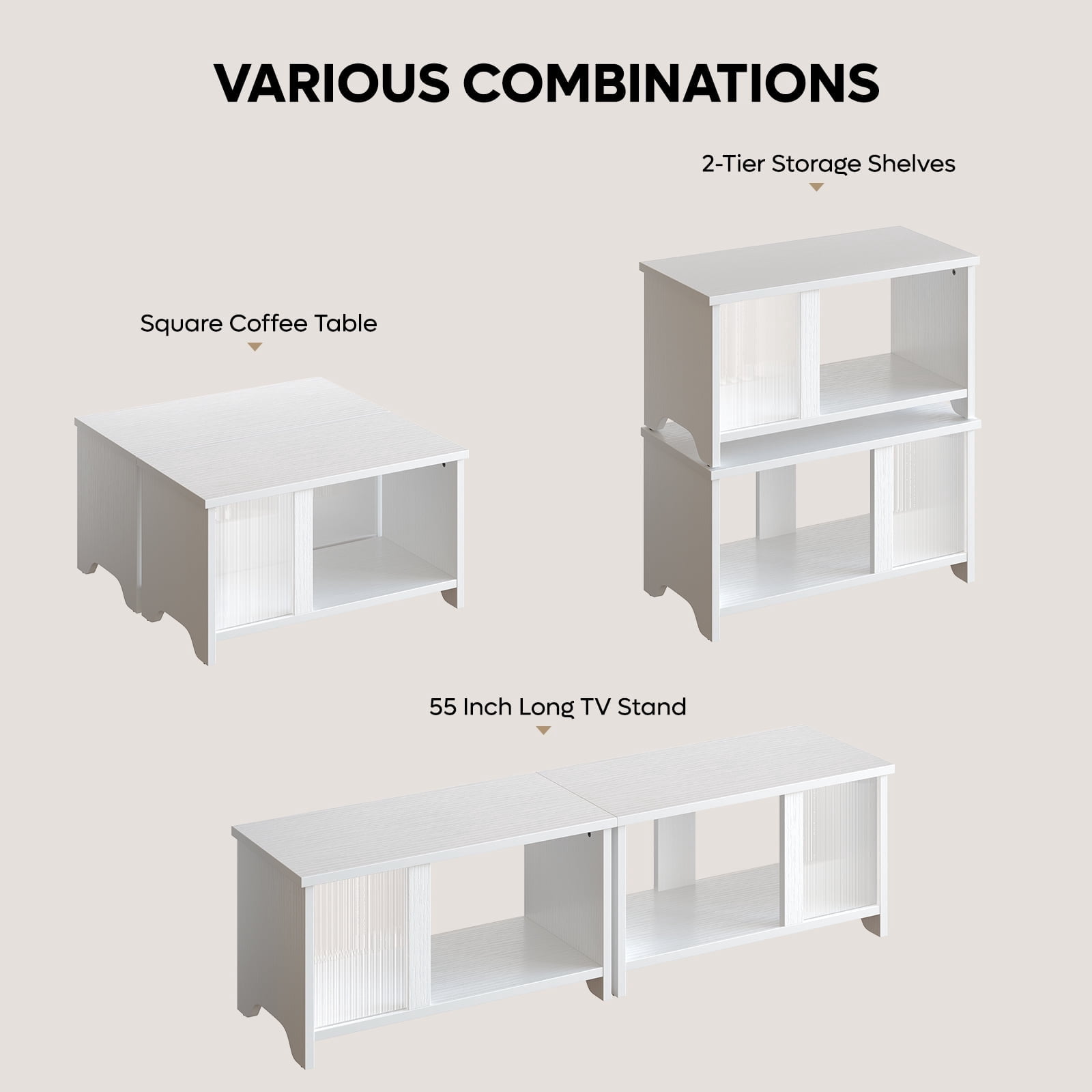 Pinmoco LED TV Stand for TVs up to 65'', Expandable Side by Side or Stacking TV Stand with Storage, White
