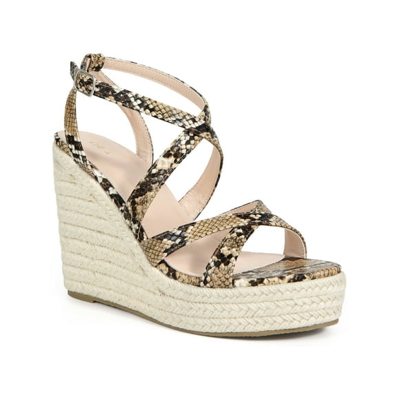 BLISSFUL STEP Women's Snake Print Platform Slingback Strappy Espadrille Wedge Heel Sandals Khaki 6