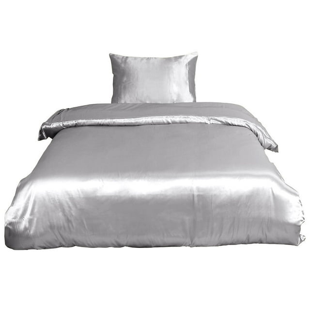 Ensemble de Literie pour la Maison 3 Pcs Housse de Couette Satin Soie pour Couette Gris Simple