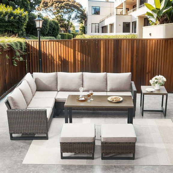 PARKWELL 7 Pieces Outdoor Patio Dining Set,Wicker Sectional Sofa Furniture Set with Rectangle Table and Cushioned Seat Ottoman for 7-Person,Beige