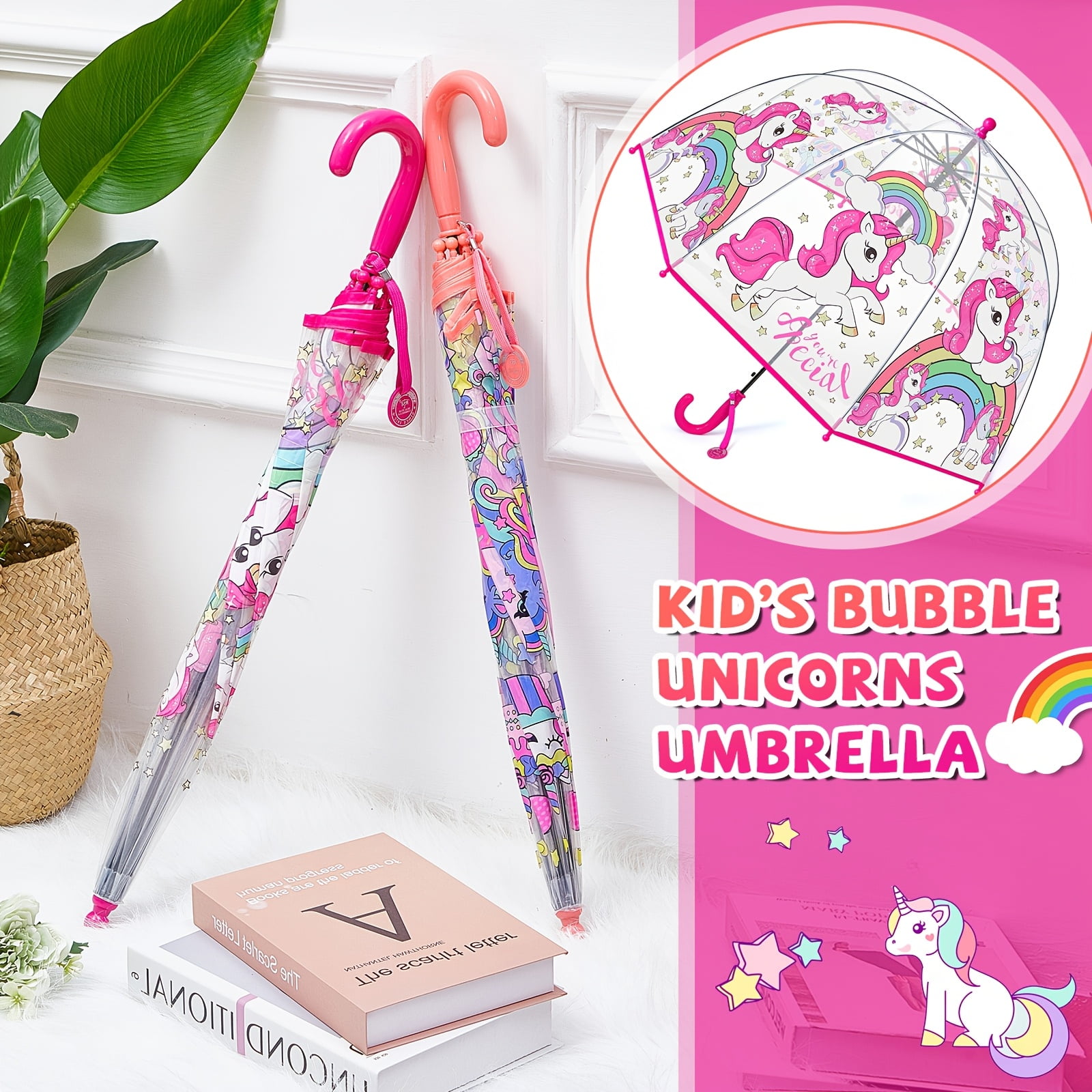 Room Decor 2pcs Outus Transparent Unicorn Bubble Umbrellas, Easy Grip Curved Handle, Water-Repellent, for Toddlers boys girls