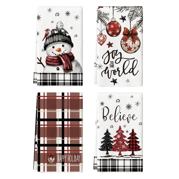 Sm:)e Black Red Xmas Tree Snowman Christmas Kitchen Towels Dish Towels, 18x26 Inch Holiday Believe Bird Winter Decoration Hand Towels Set of 4