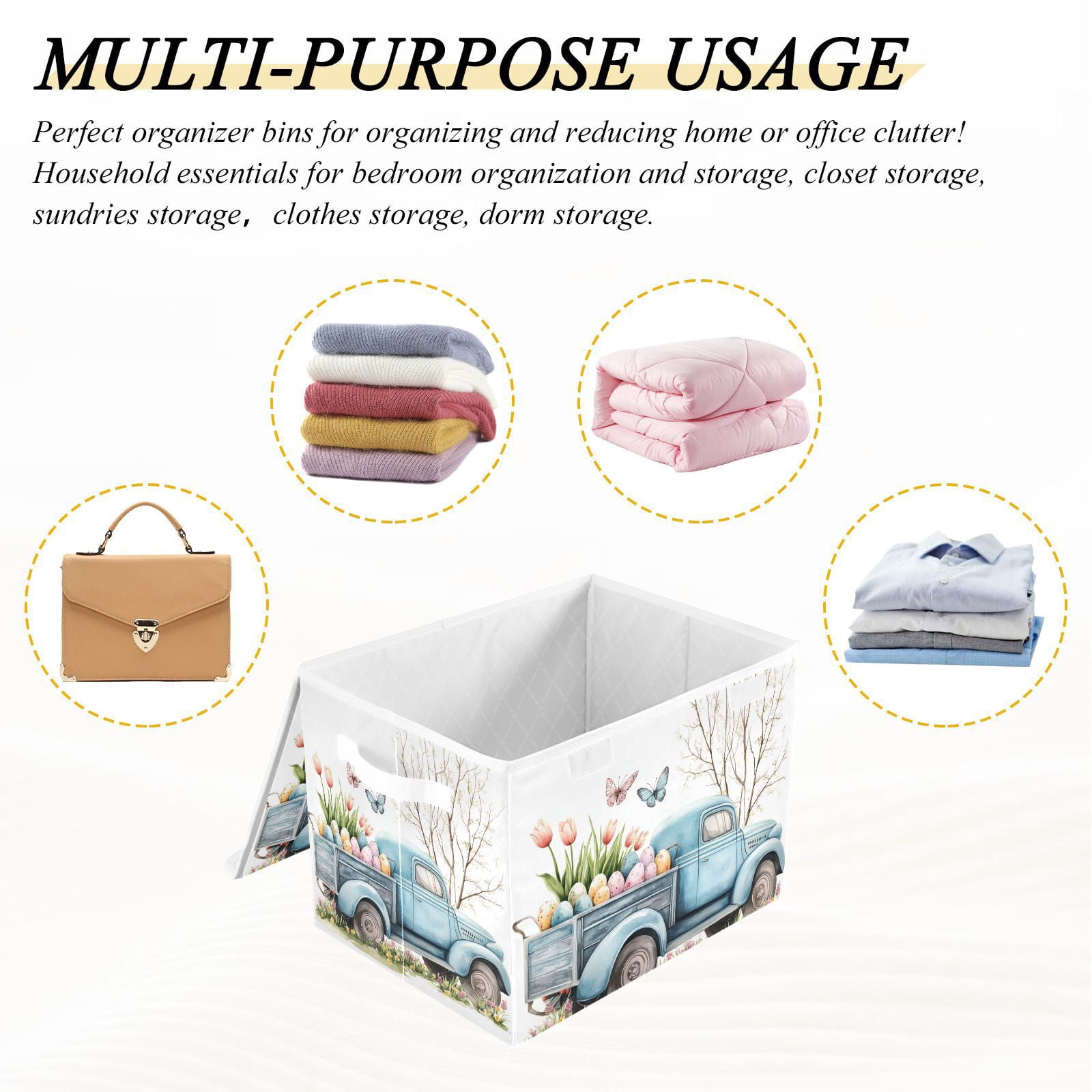 Blue Truck Easter Eggs Storage Basket for Shelves Foldable Container Organizer for Organizing Toys Clothes Books with Handles