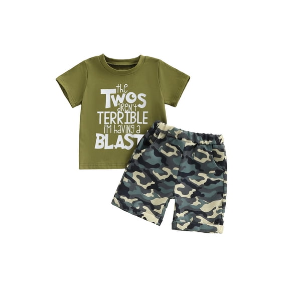 BemeyourBBs Toddler Baby Boys Birthday Outfits 2nd Birthday 2 Years Old Clothes Short Sleeve Letter Print T Shirt Tops and Camouflage Shorts Set Boys Summer Clothing