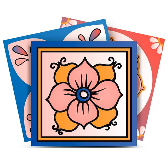 Mi Alma Floral Pink Blue Tile Stickers - Removable Vinyl 4x4, 24 pcs