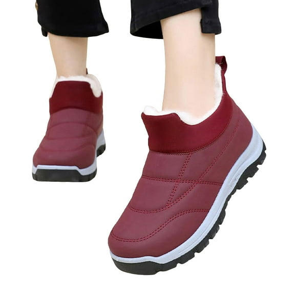 Fleece Lined Snow Boots for Women Slip On Waterproof Hiking Boots Winter Warm High Top Non Slip Work Shoes Red Size 8