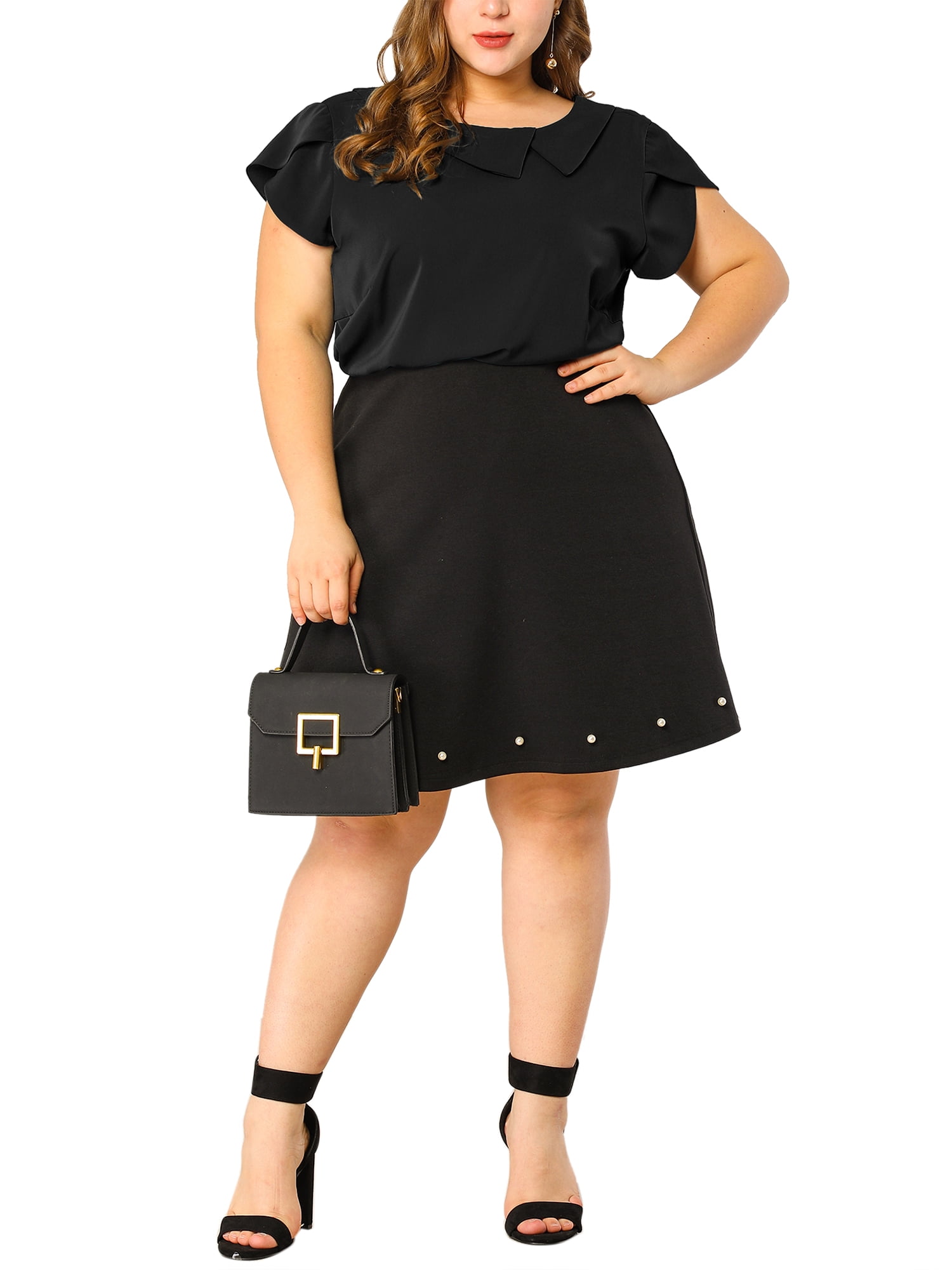 Unique Bargains Women's Plus Size Boat Neck Flutter Sleeve Chiffon Solid Top
