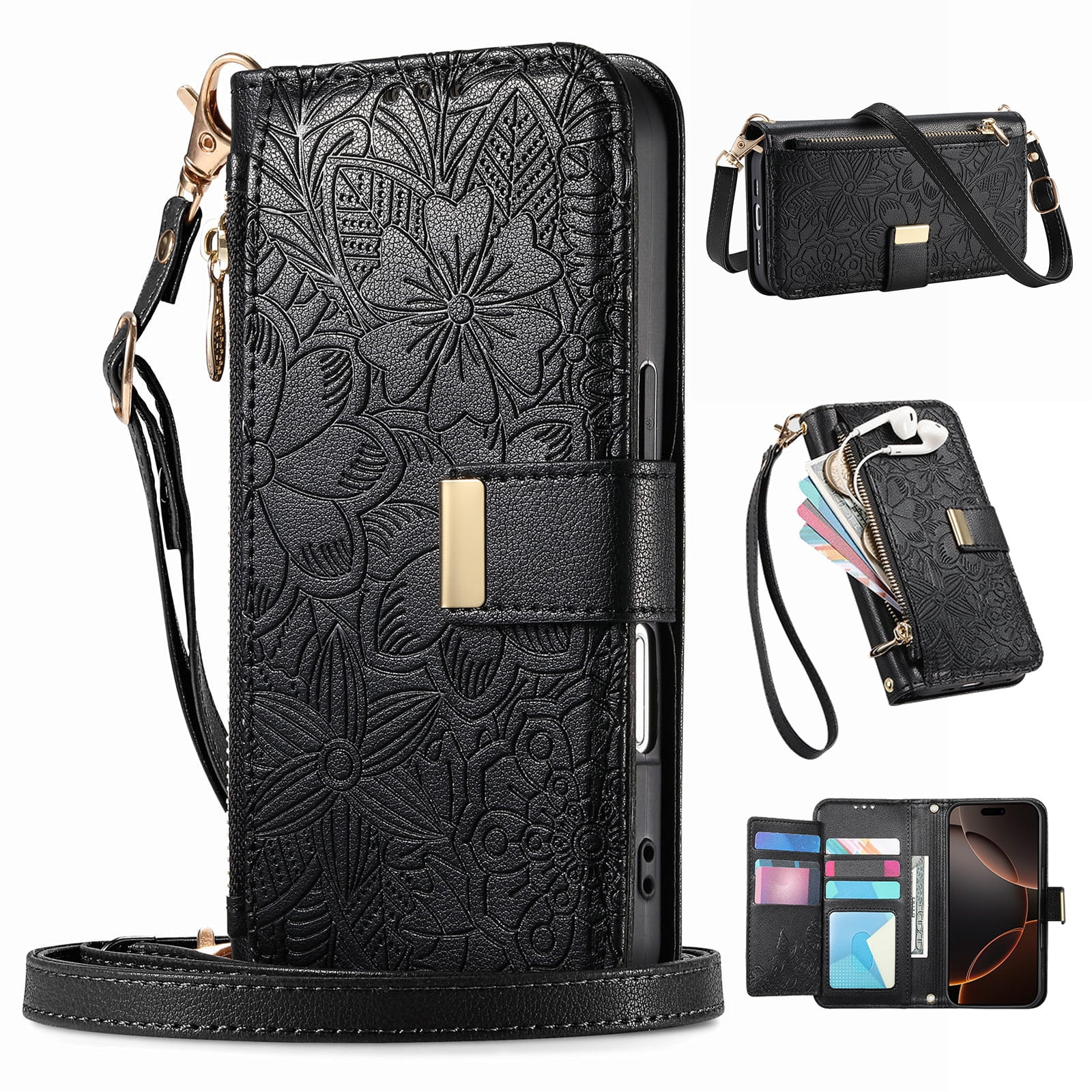 Dteck Crossbody Wallet Case for Samsung Galaxy A35 with Card Holder, Soft Embossing PU Leather Magnetic Closure Strap Zipper Pocket Phone Case,Black