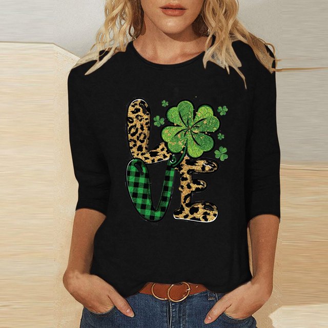 Meichang Hauts à Manches 3/4 pour Femmes T-Shirts Jour de la Saint-Patrick T-Shirts Graphiques Trèfle Vert Hauts Irlandais Chanceux T-Shirts Décontractés Col Rond Cadeaux Jour de la Saint-Patrick pour Femmes