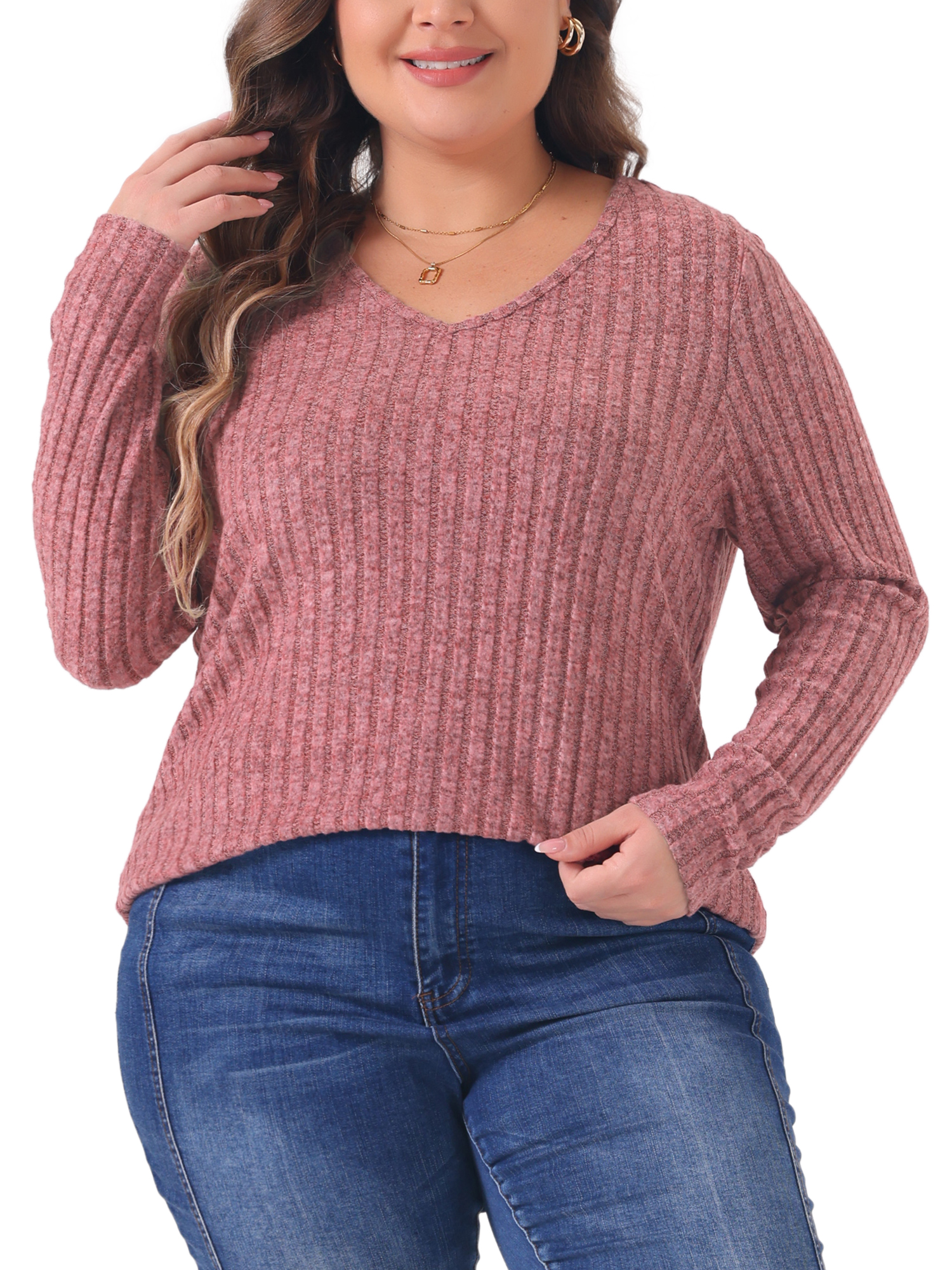 DARING DIVA Women's Plus V Neck Long Sleeve Basic Ribbed Blouse 3X Pink