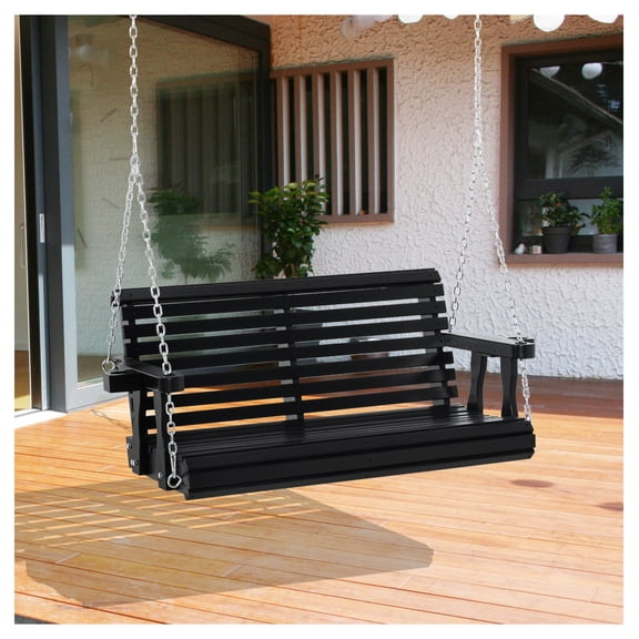 Porch Swing 2 Person, Wooden Patio Swing Chair with Chains & Cupholders, 440 lbs Capacity, Outdoor Garden Swing for Backyard, Black