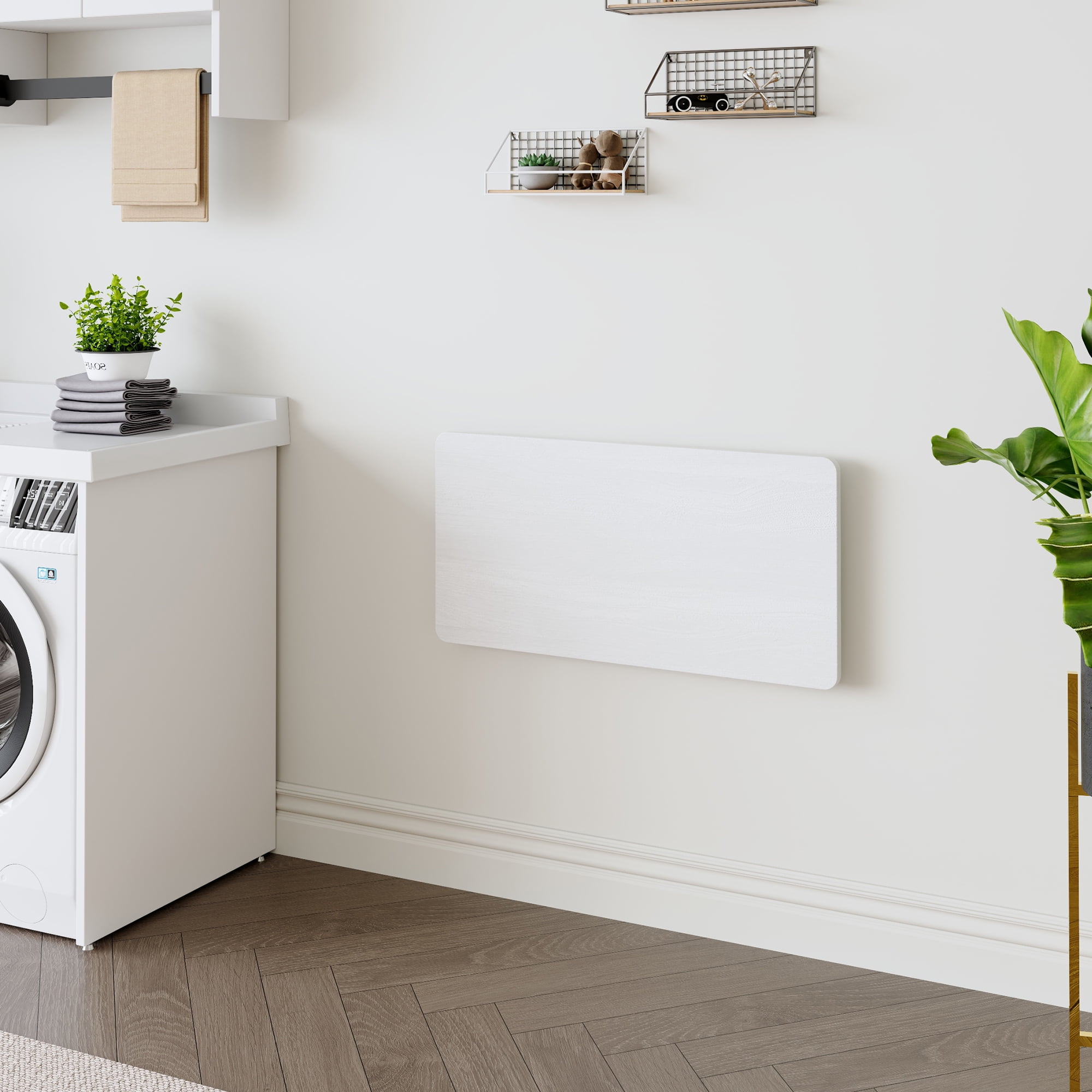 Wall Mounted Folding Table, Floating Desk for Laundry Room, Fold Down Table with Full-Folding Hinge for Small Space Kitchen Bathroom Easy Install, White