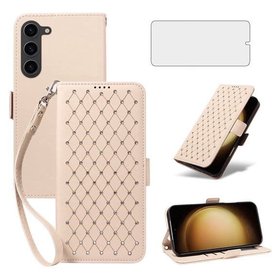 Asuwish Samsung Galaxy S23 Plus Wallet Case, matte Leather Flip Cover with Wrist Strap, 3 Card Holder Slots, Kickstand & Shockproof – Beige
