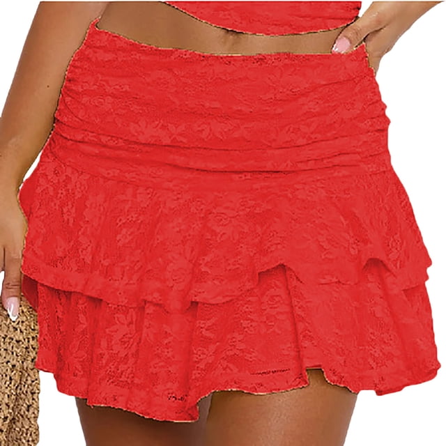 Jean Skirt Mini Womens Low Rise Lace Mini Skirt Pleated Ruffle Short Skirt Flowy Underskirt Half Slip Skirts Mesh Floral Layered Short Mini Skirts High Waist Skirt L
